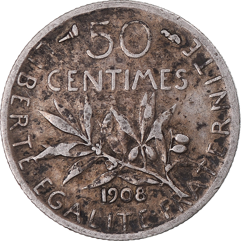 Munten, Frankrijk, Semeuse, 50 Centimes, 1908, Paris, ZF, Zilver, KM:854