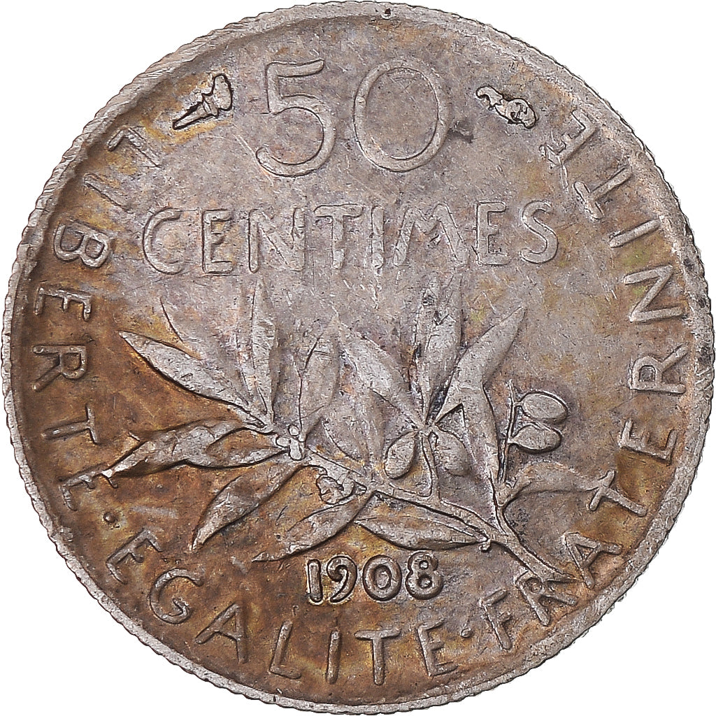 Munten, Frankrijk, Semeuse, 50 Centimes, 1908, Paris, ZF, Zilver, KM:854