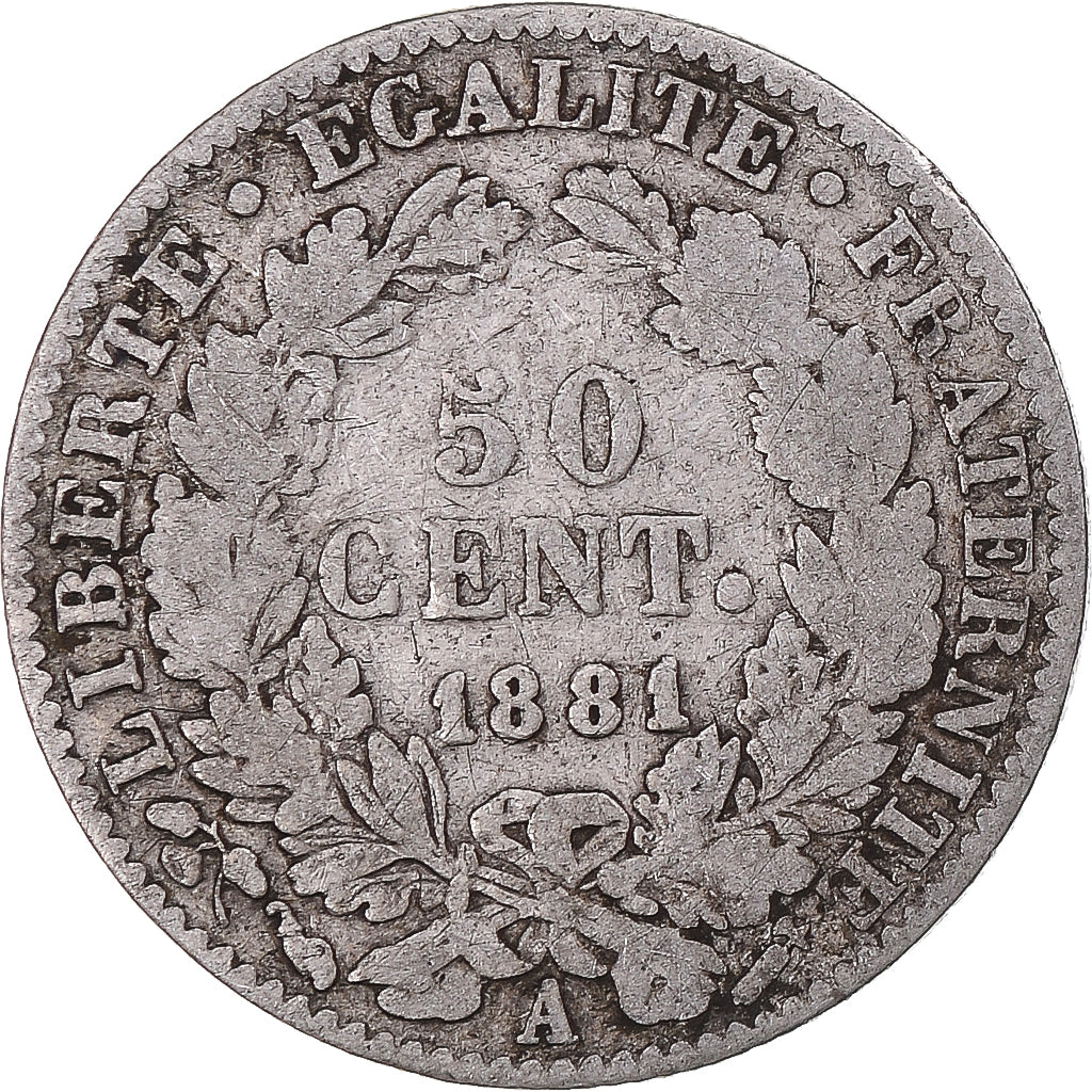 Coin, France, Cérès, 50 Centimes, 1881, Paris, VG(8-10), Silver, KM:834.1