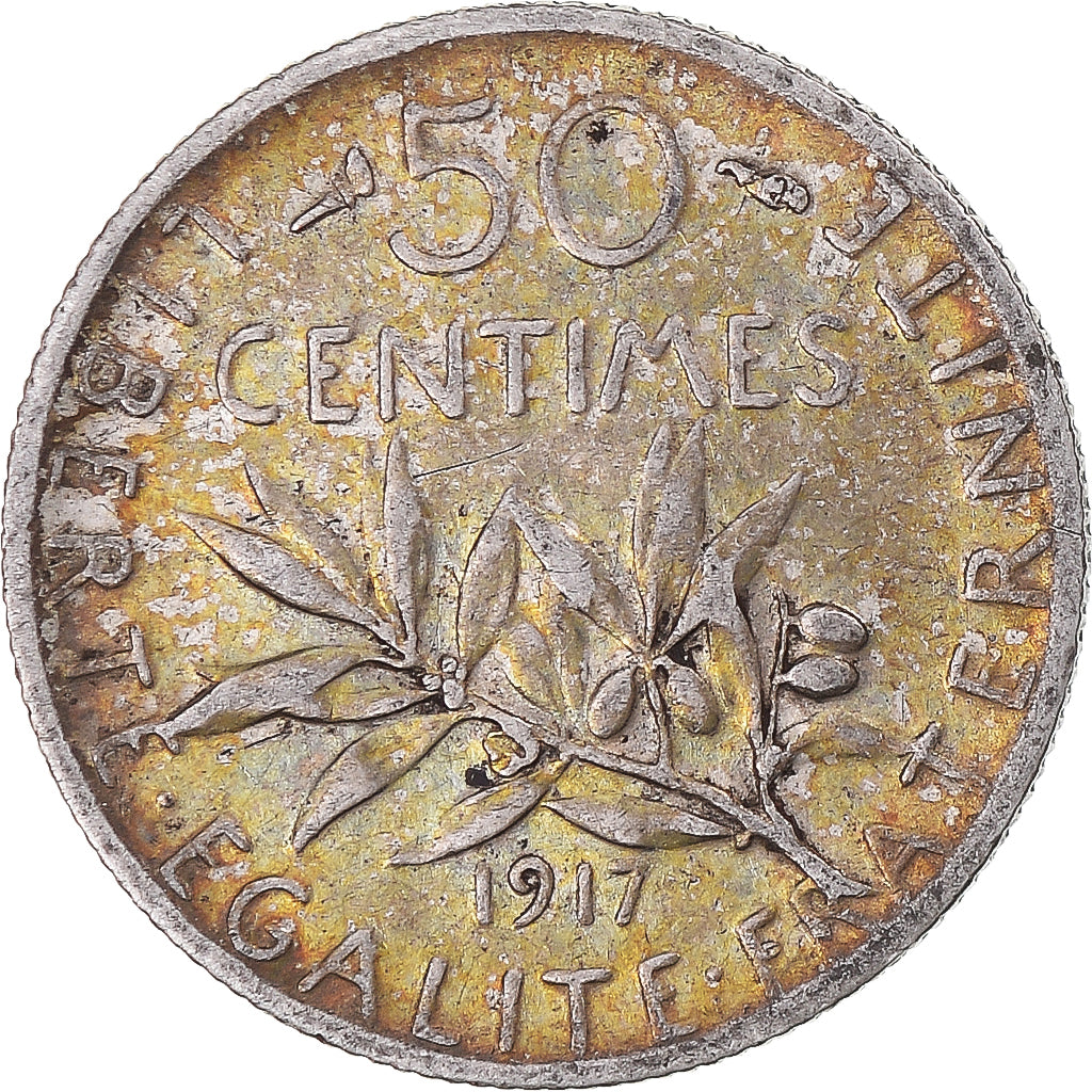 Moneda, Francia, Semeuse, 50 Centimes, 1917, Paris, EBC, Plata, KM:854