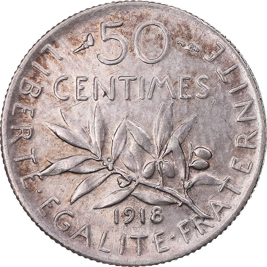 Moeda, França, Semeuse, 50 Centimes, 1918, Paris, AU(55-58), Prata, KM:854