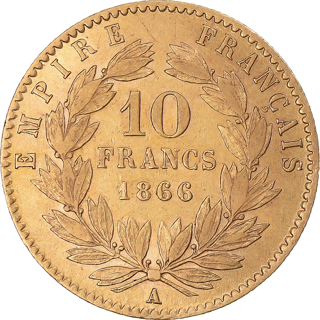 Moneda, Francia, Napoleon III, Napoléon III, 10 Francs, 1866, Paris, MBC+, Oro