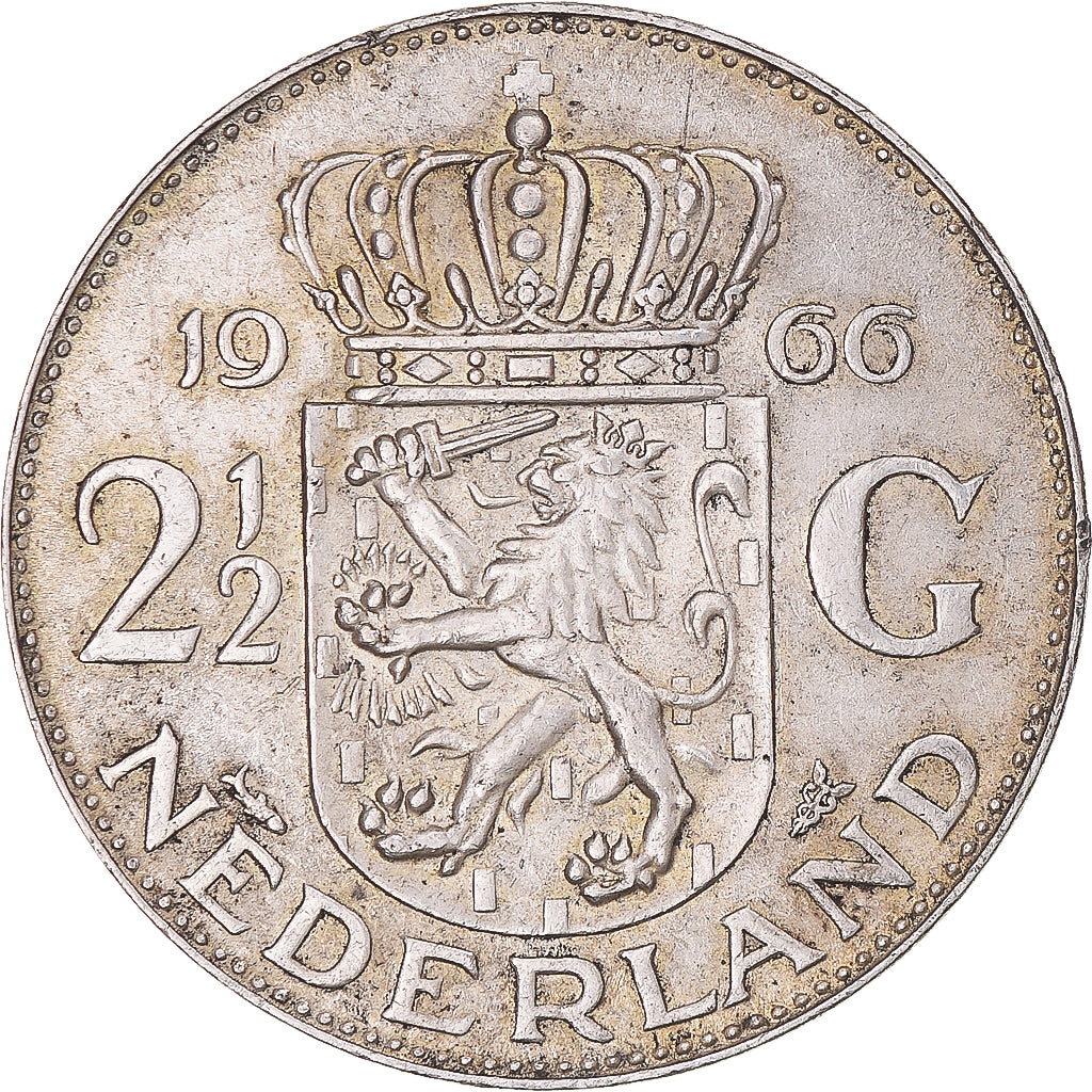 Coin, Netherlands, Juliana, 2-1/2 Gulden, 1966, Utrecht, AU(50-53), Silver