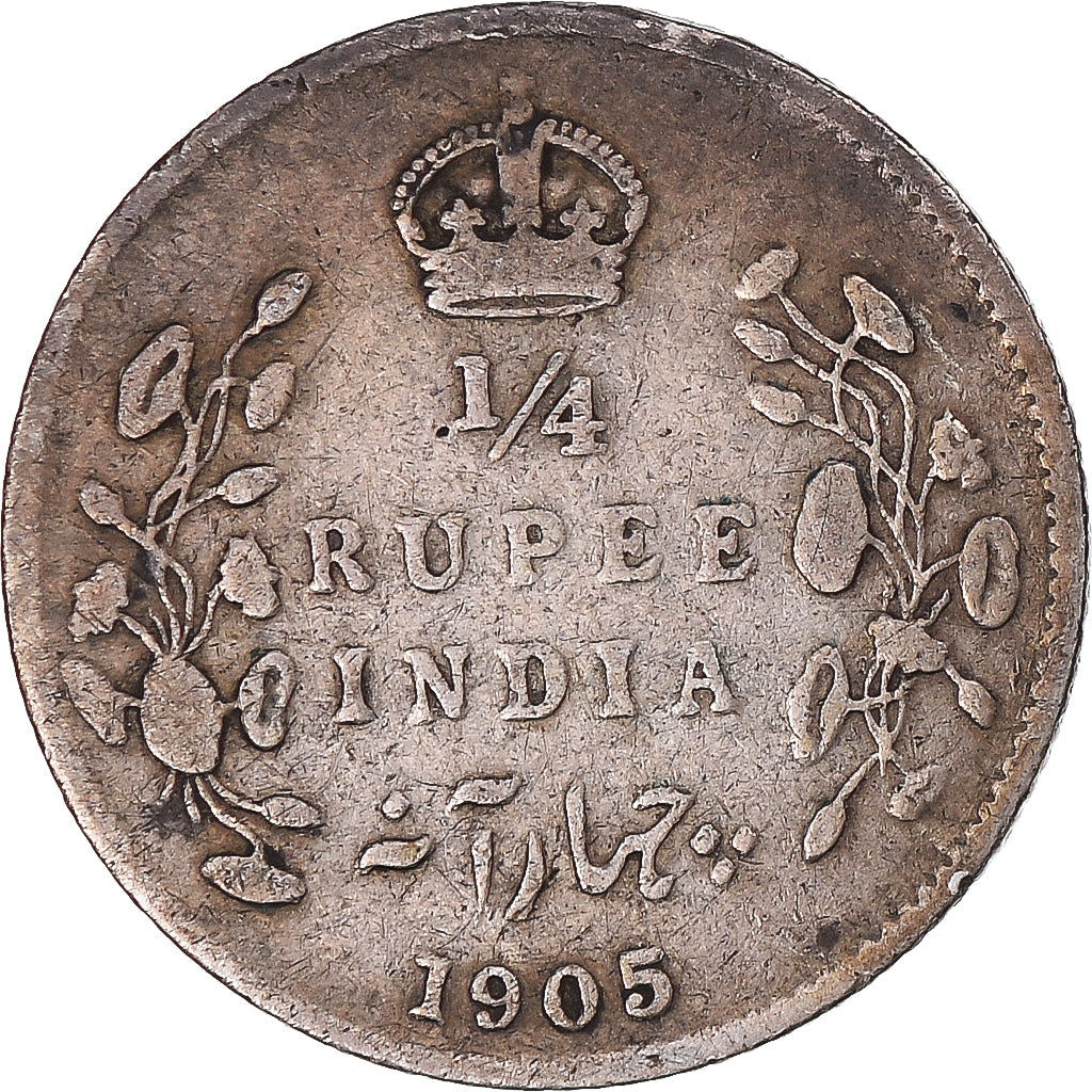 Coin, INDIA-BRITISH, Edward VII, 1/4 Rupee, 1905, VF(20-25), Silver, KM:506
