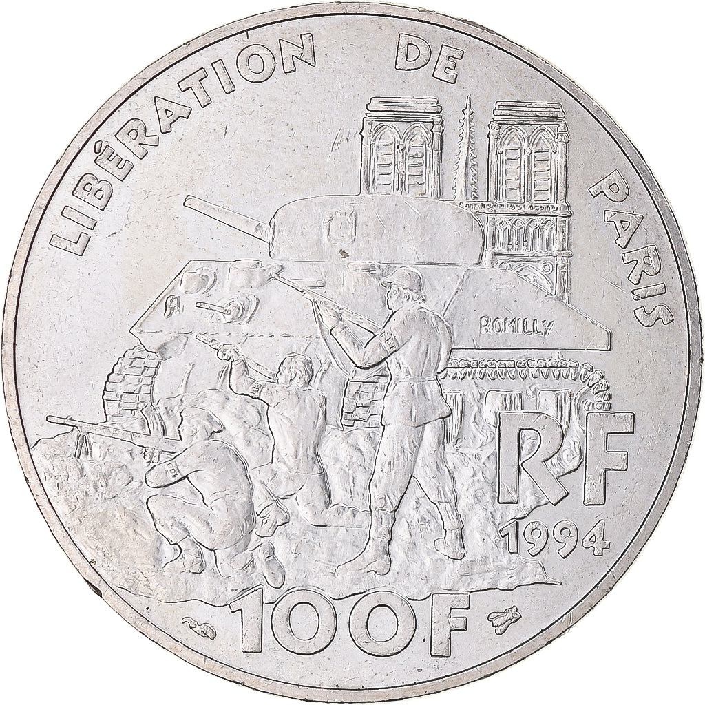 France, Libération de Paris, 100 Francs, 1994, MS(60-62), Silver, KM:1045.1