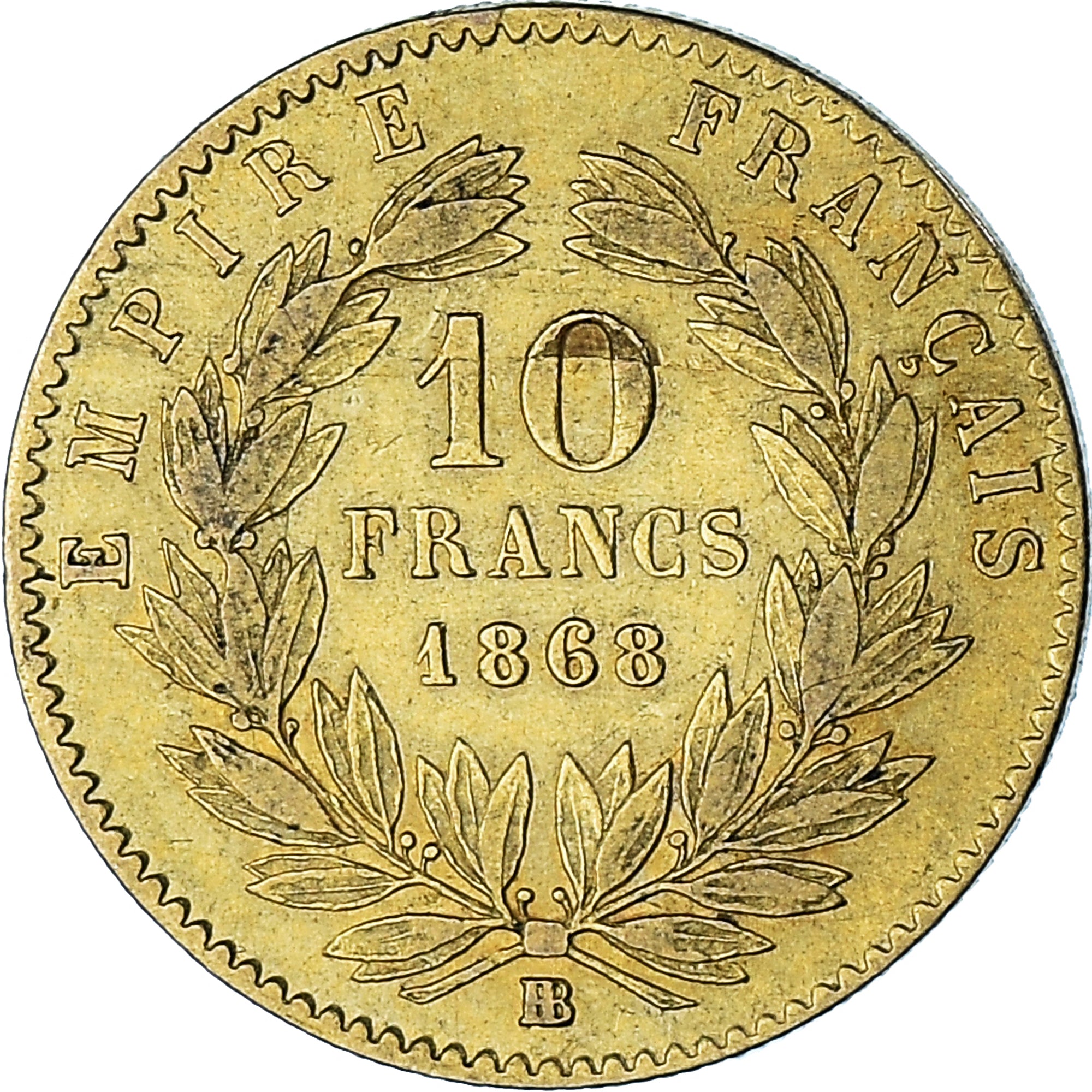 France,Napoléon III,10 Francs,1868,Strasbourg,EF(40-45),KM:800.2