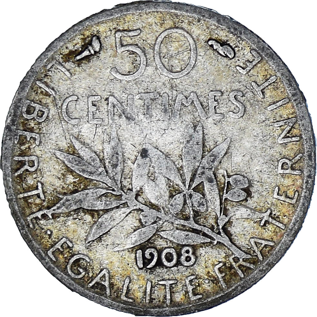 Moneda, Francia, Semeuse, 50 Centimes, 1908, Paris, BC+, Plata, KM:854