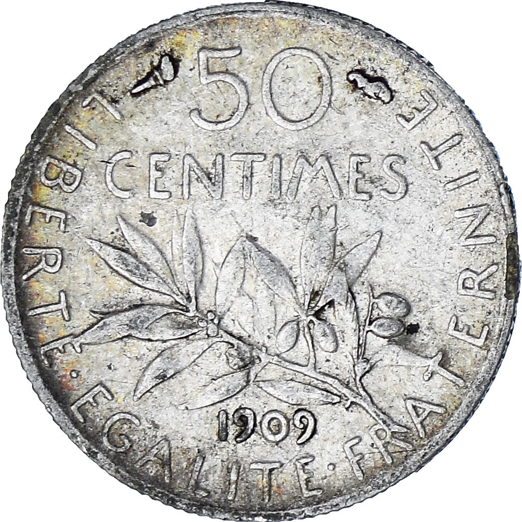 Moneda, Francia, Semeuse, 50 Centimes, 1909, Paris, BC+, Plata, KM:854