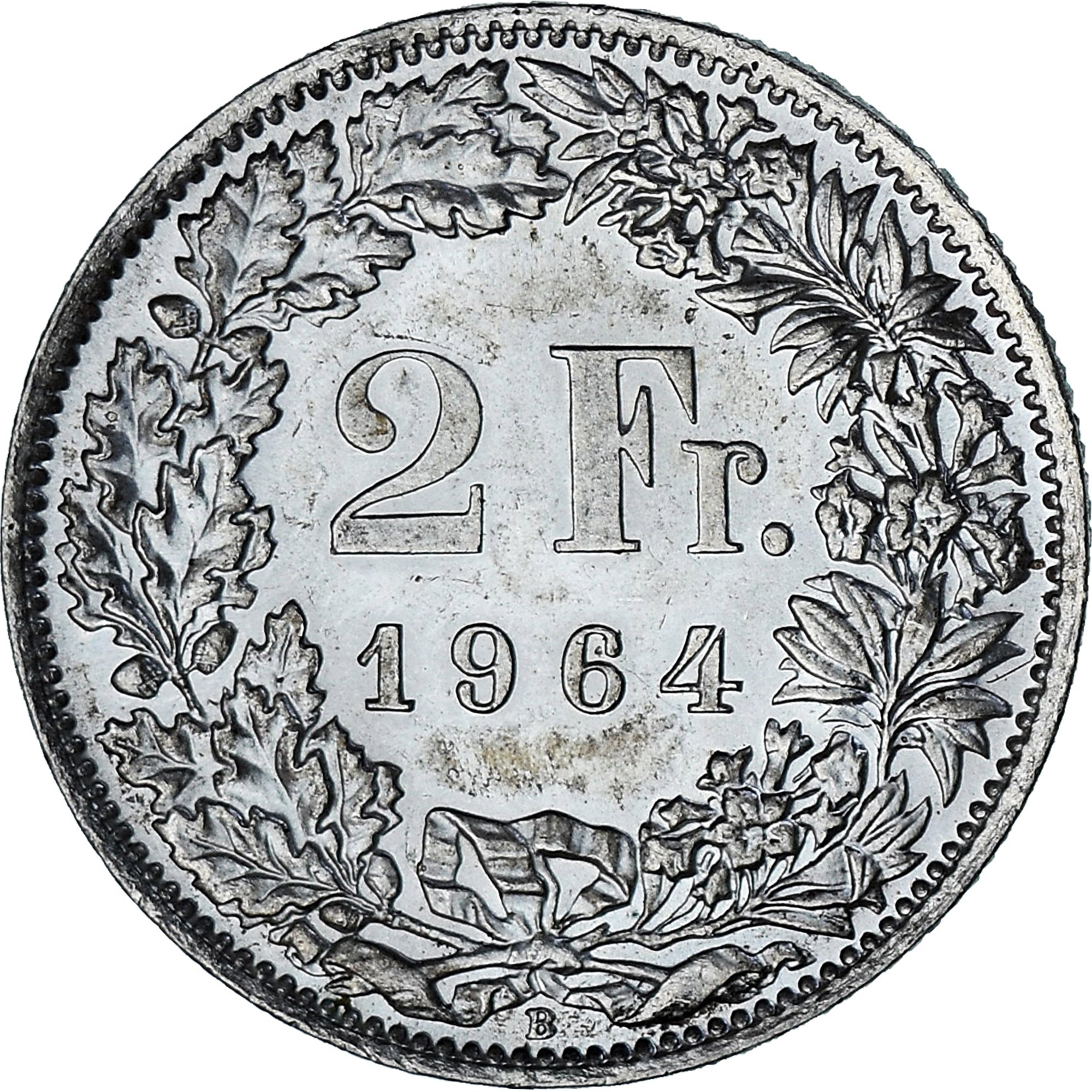 Coin, Switzerland, 2 Francs, 1964, Bern, MS(64), Silver, KM:21