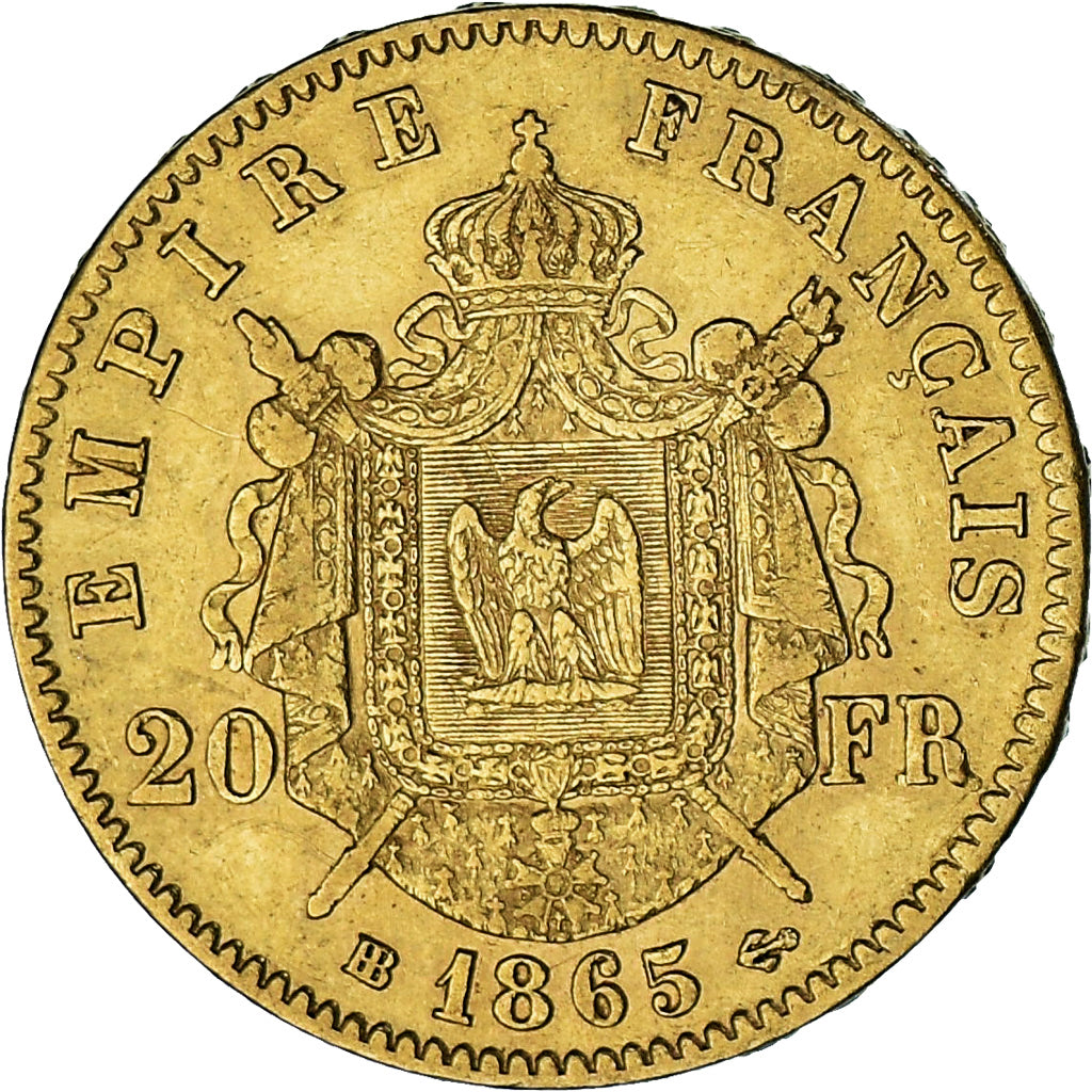 Moeda, França, Napoleon III, 20 Francs, 1865, Strasbourg, AU(50-53), Dourado