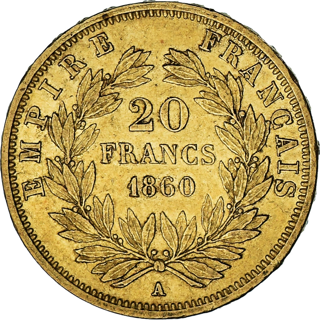 France,Napoleon III,20 Francs,1860,Paris,AU(50-53), Gold, KM 781.1, Gadoury 1061