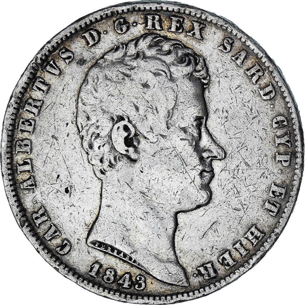 DEPARTAMENTY WŁOSKIE, SARDINIA, Carlo Alberto, 5 Lire, 1843, Genoa, VF(30-35)