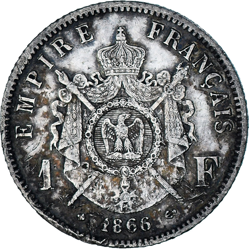 Moneda, Francia, Napoleon III, 1 Franc, 1866, Strasbourg, BC+, Plata, KM:806.2