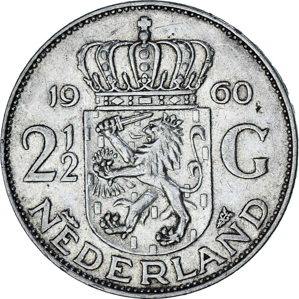Coin, Netherlands, Juliana, 2-1/2 Gulden, 1960, EF(40-45), Silver, KM:185