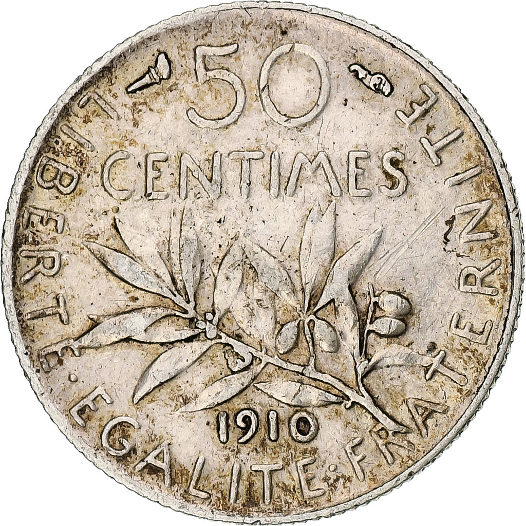 Moneda, Francia, Semeuse, 50 Centimes, 1910, Paris, MBC+, Plata, KM:854