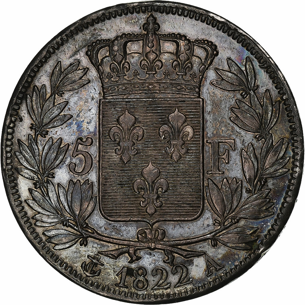 Francia, Louis XVIII, 5 Francs, Louis XVIII, 1822, Paris, Plata, MBC