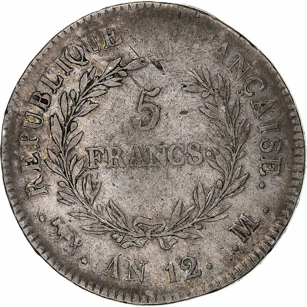 Moeda, França, Napoléon I, 5 Francs, An 12, Toulouse, VF(20-25), Prata