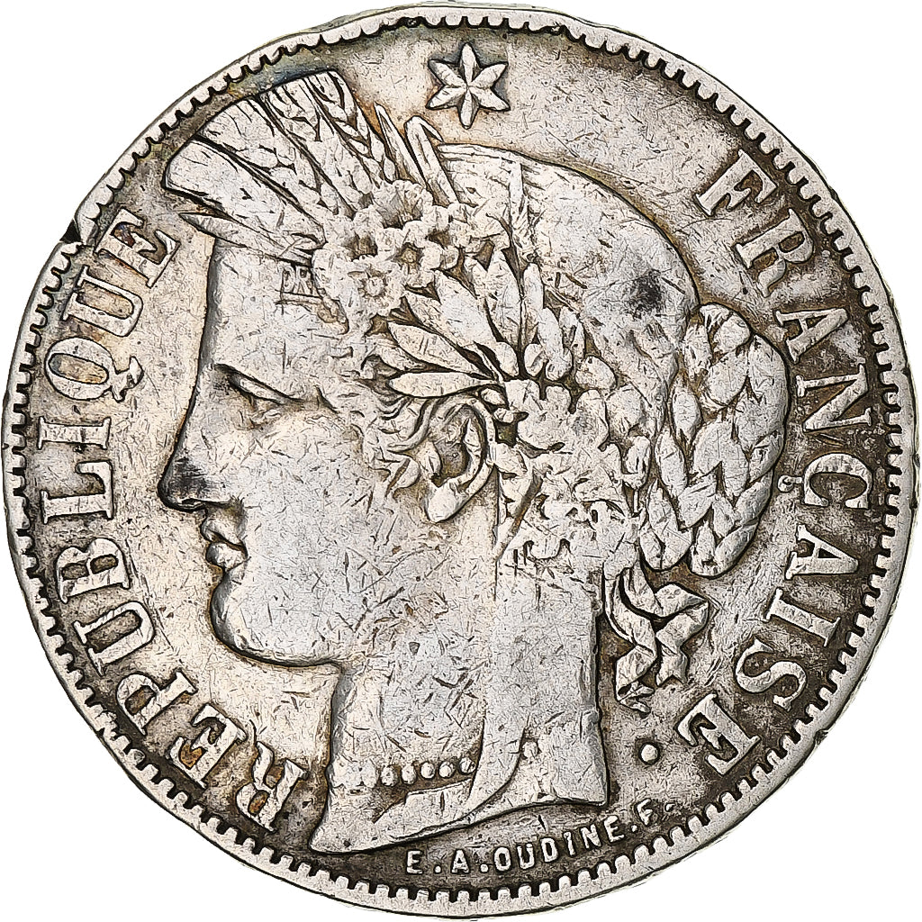 Francia, Cérès, 5 Francs, 1871, Bordeaux, MB+, Argento, KM:818.2, Gadoury:742