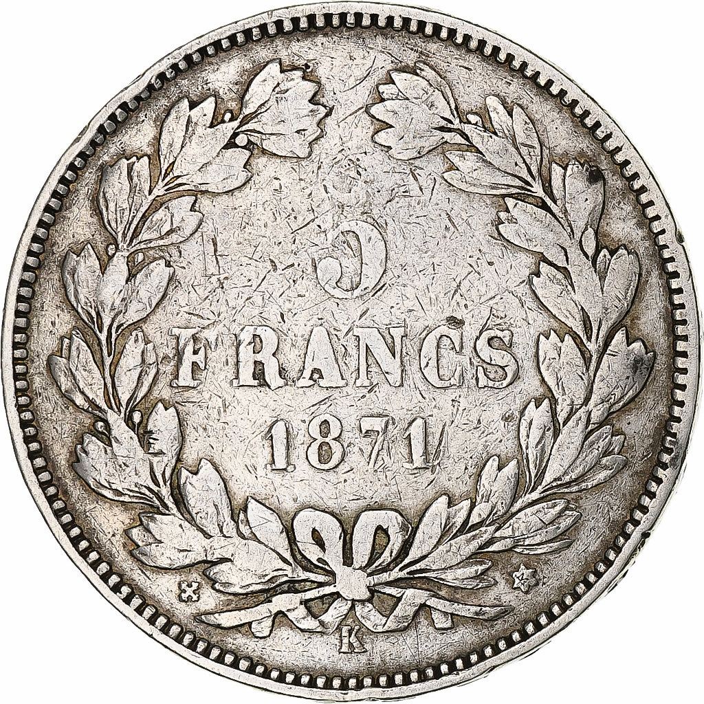 Francia, Cérès, 5 Francs, 1871, Bordeaux, MB+, Argento, KM:818.2, Gadoury:742