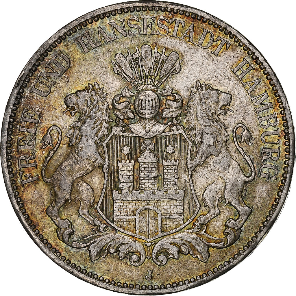 Coin, German States, HAMBURG, 5 Mark, 1908, Hamburg, EF(40-45), Silver, KM:610