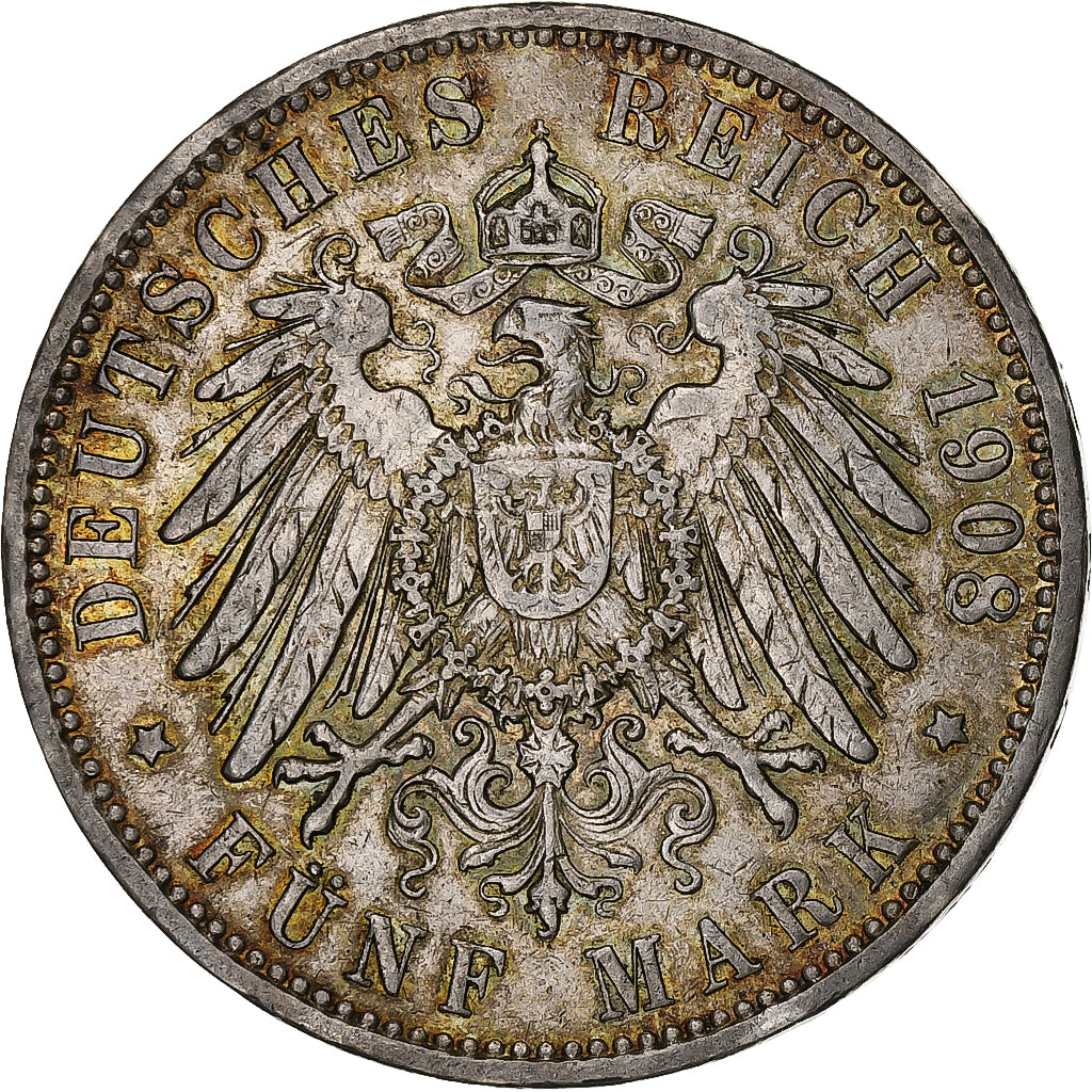 Coin, German States, HAMBURG, 5 Mark, 1908, Hamburg, EF(40-45), Silver, KM:610