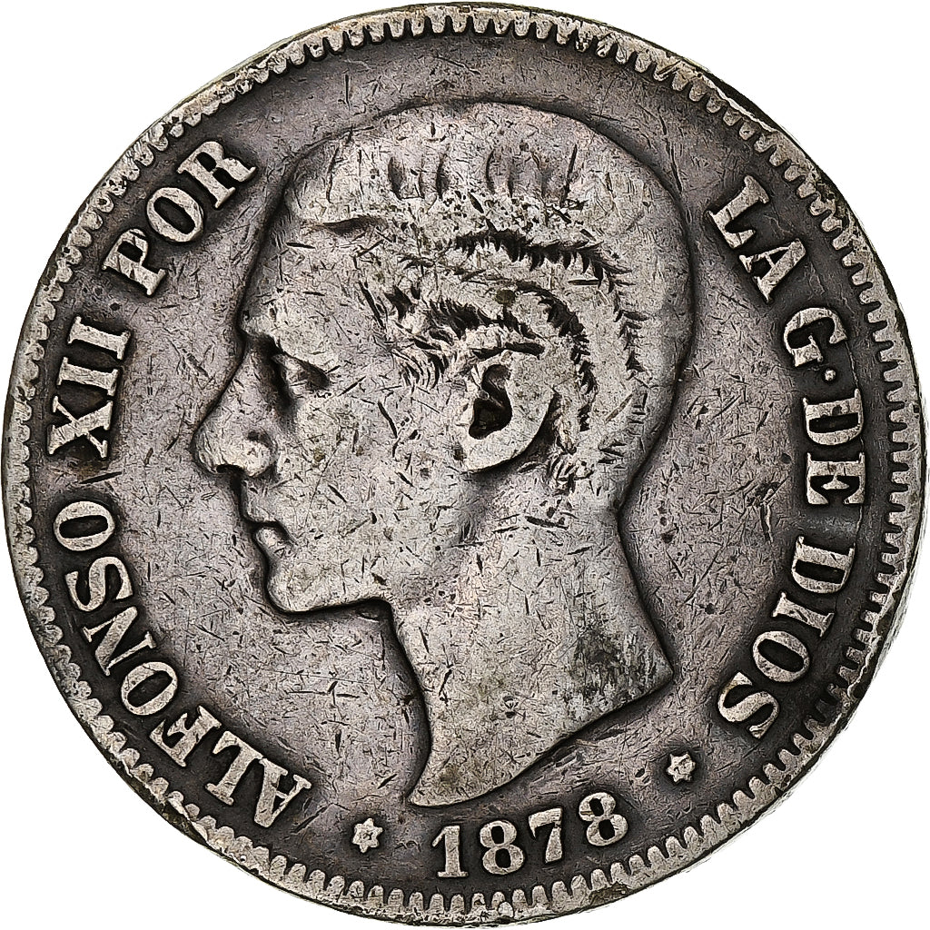 Moneta, Hiszpania, Alfonso XII, 5 Pesetas, 1878, Madrid, VF(30-35), Srebro