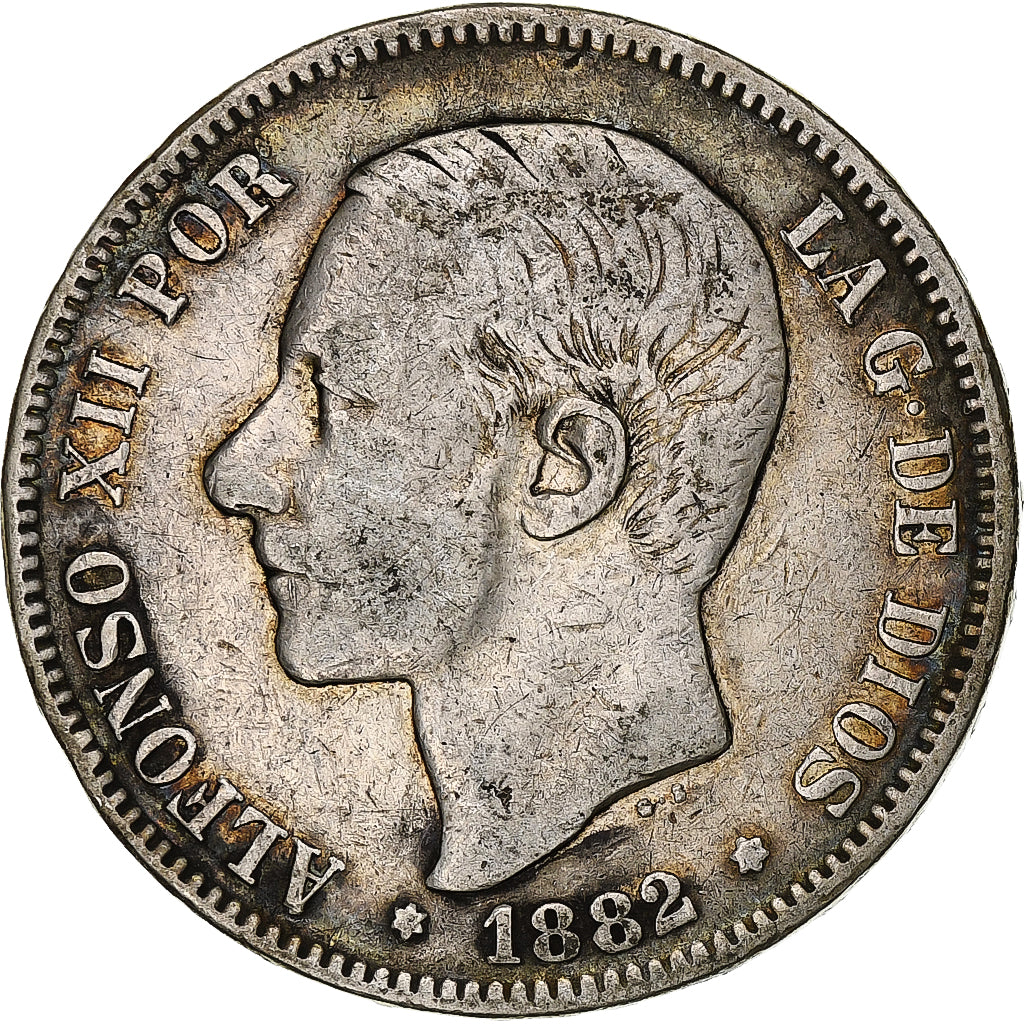 Hiszpania, Alfonso XII, 5 Pesetas, 1882, Madrid, VF(30-35), Srebro, KM:688