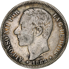 España, Alfonso XII, 5 Pesetas, 1882, Madrid, BC+, Plata, KM:688