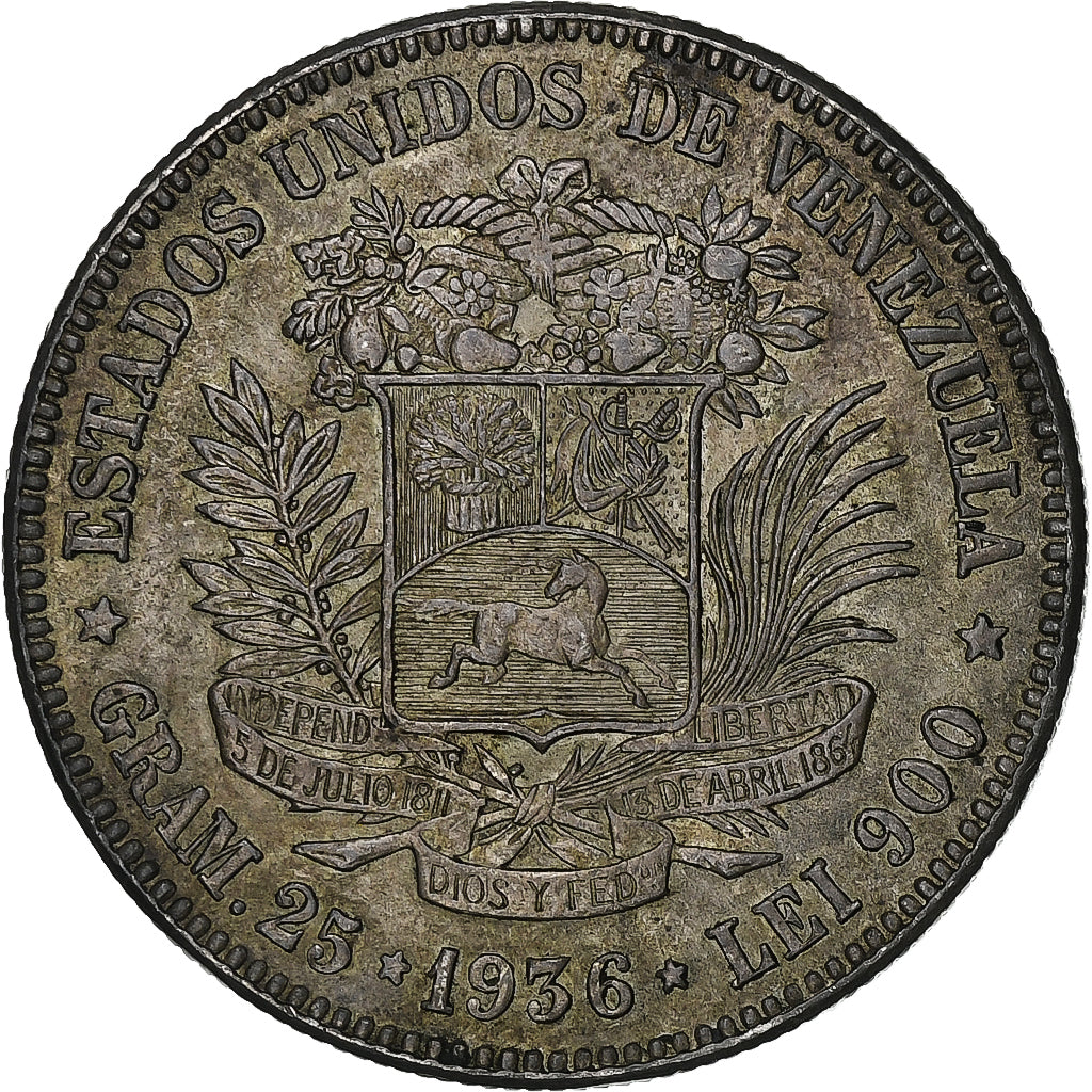 Venezuela, Gram 25, 5 Bolivares, 1936, EF(40-45), Silver, KM:24.2