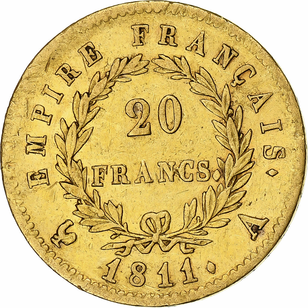 Moneta, Francia, Napoléon I, 20 Francs, 1811, Paris, MB+, Oro, KM:695.1