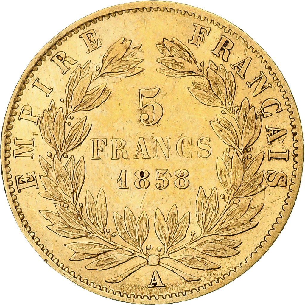 Moeda, França, Napoleon III, 5 Francs, 1858, Paris, AU(50-53), Dourado