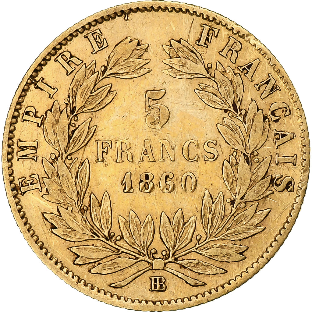 Moneda, Francia, Napoleon III, Napoléon III, 5 Francs, 1860, Strasbourg, MBC+