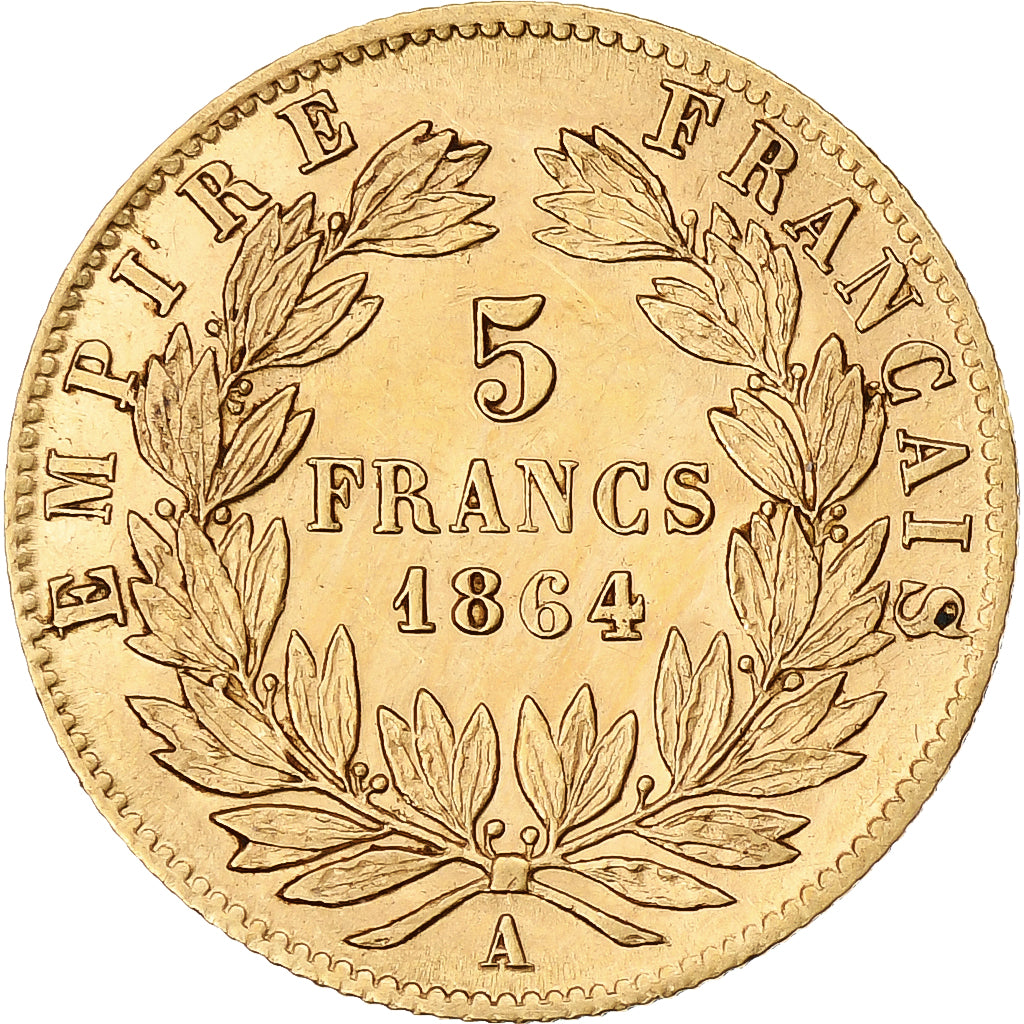 Moneta, Francia, Napoleon III, 5 Francs, 1864, Paris, BB+, Oro, KM:803.1
