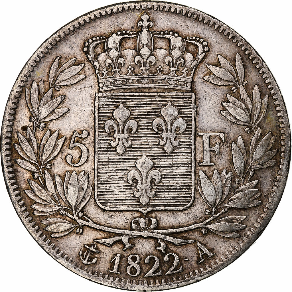 France, Louis XVIII, 5 Francs, 1822, Paris, VF(30-35), Silver