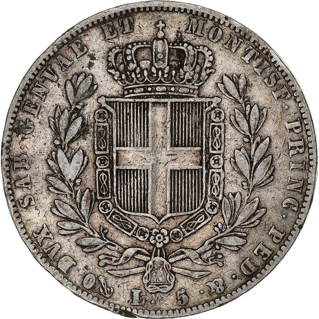 Italiaanse staten, SARDINIA, Carlo Alberto, 5 Lire, 1843, Genoa, FR+, Zilver