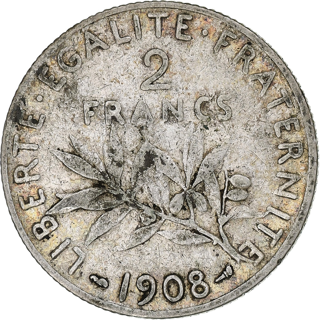Munten, Frankrijk, Semeuse, 2 Francs, 1908, Paris, FR+, Zilver, KM:845.1