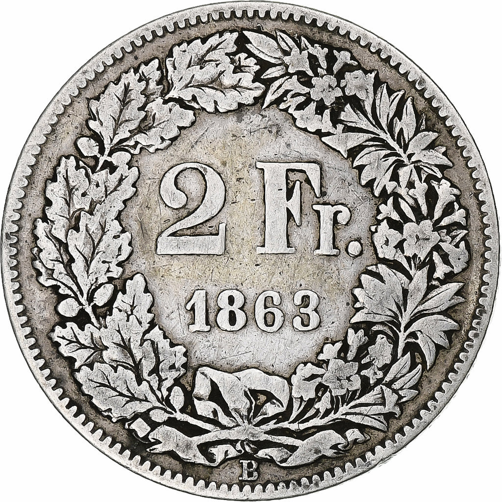 SWITZERLAND, 2 Francs, 1863, Bern, KM #10a, VF(30-35), Silver, 9.70