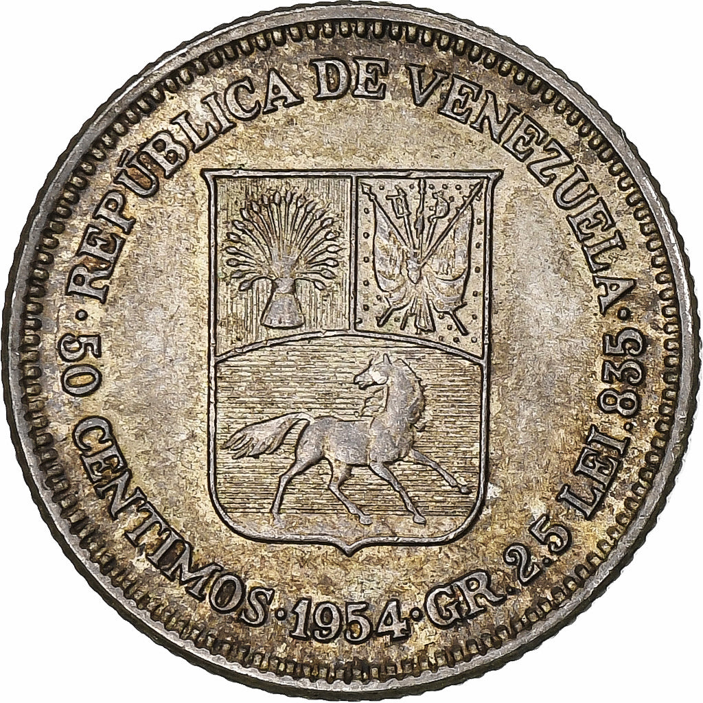 Coin, Venezuela, 50 Centimos, 1954, Philadelphia, EF(40-45), Silver, KM:36
