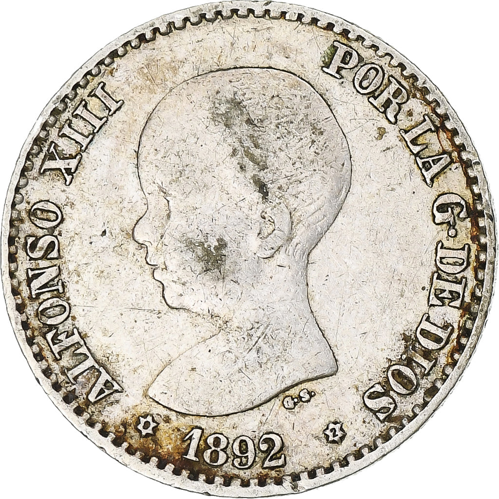 Moneda, España, Alfonso XIII, 50 Centimos, 1892, Madrid, BC+, Plata, KM:690