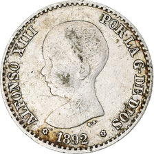 Moneda, España, Alfonso XIII, 50 Centimos, 1892, Madrid, BC+, Plata, KM:690