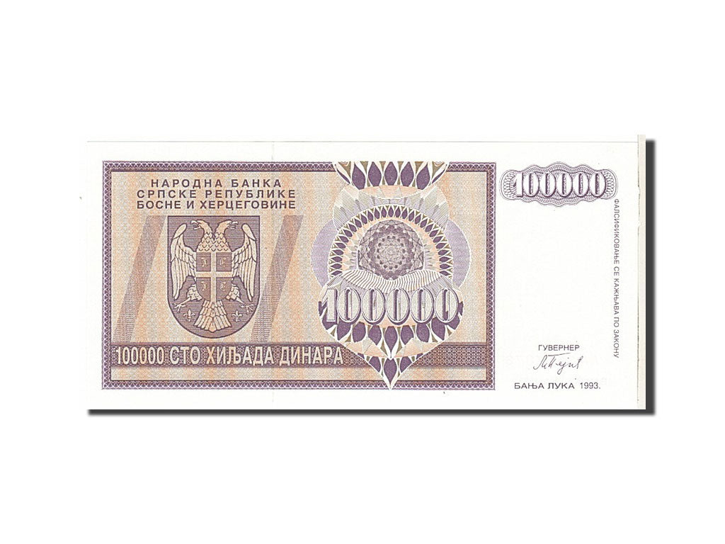 Banconote, Bosnia - Erzegovina, 100,000 Dinara, 1993, KM:141a, SPL