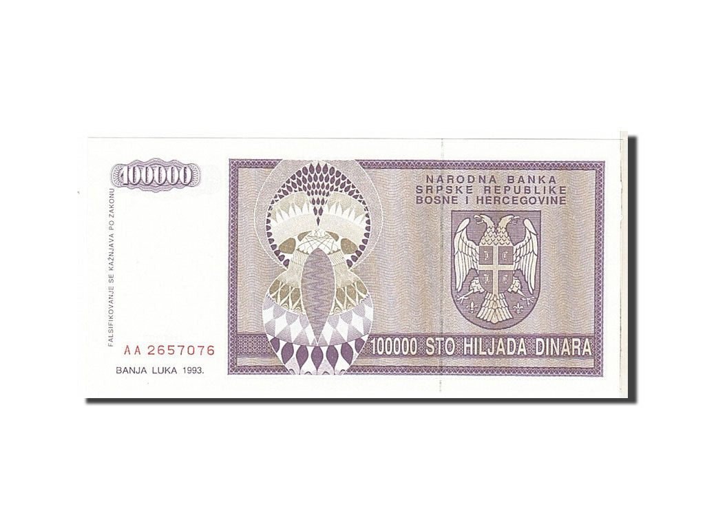 Banconote, Bosnia - Erzegovina, 100,000 Dinara, 1993, KM:141a, SPL