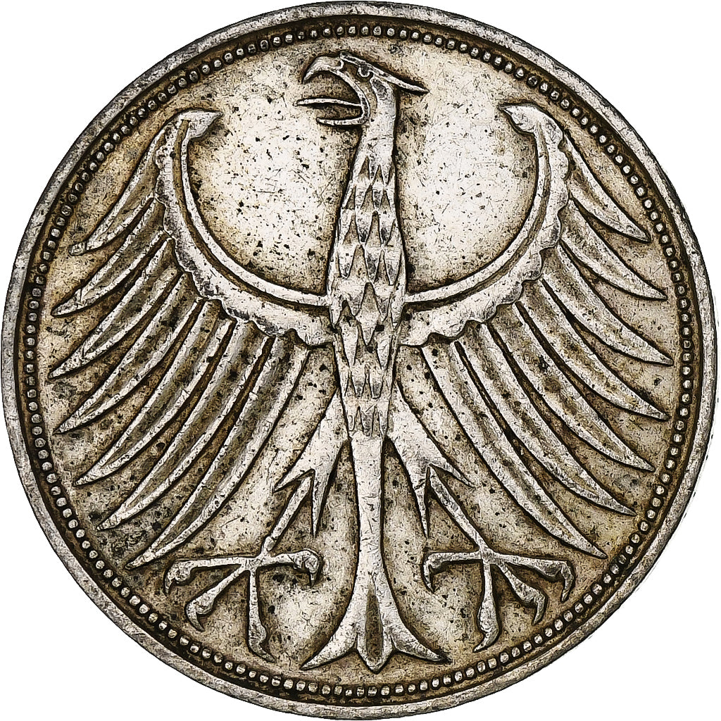 GERMANY - FEDERAL REPUBLIC, 5 Mark, 1964, Stuttgart, EF(40-45), Silver, KM:112.1