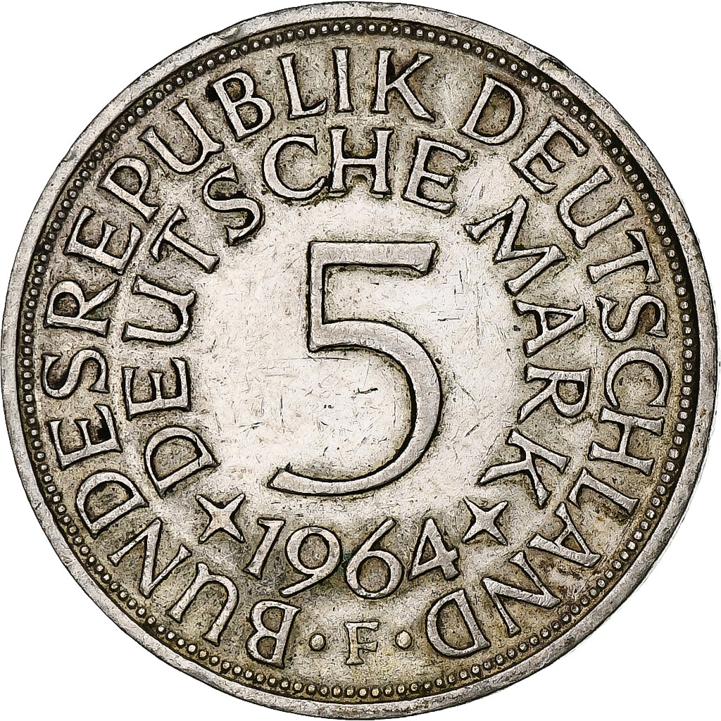 GERMANY - FEDERAL REPUBLIC, 5 Mark, 1964, Stuttgart, EF(40-45), Silver, KM:112.1