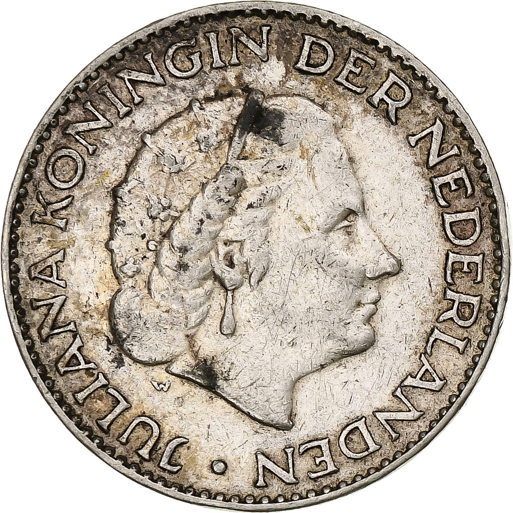 NETHERLANDS, Gulden, 1955, KM #184, AU(50-53), Silver, 25, 6.42