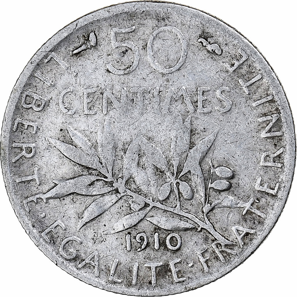 Francia, 50 Centimes, Semeuse, 1910, Paris, Plata, BC+, Gadoury:420, KM:854