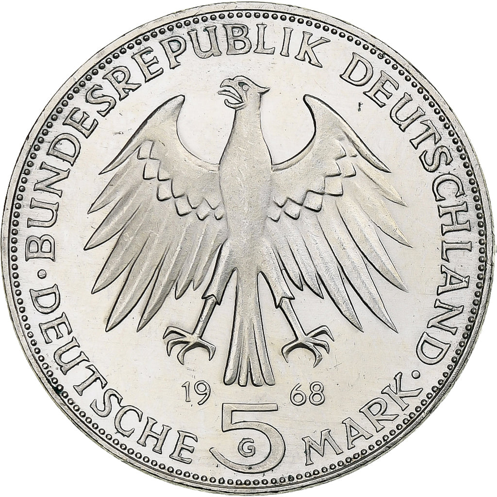 Moneta, Niemcy - RFN, 5 Mark, 1968, Karlsruhe, Germany, BE, MS(63), Srebro