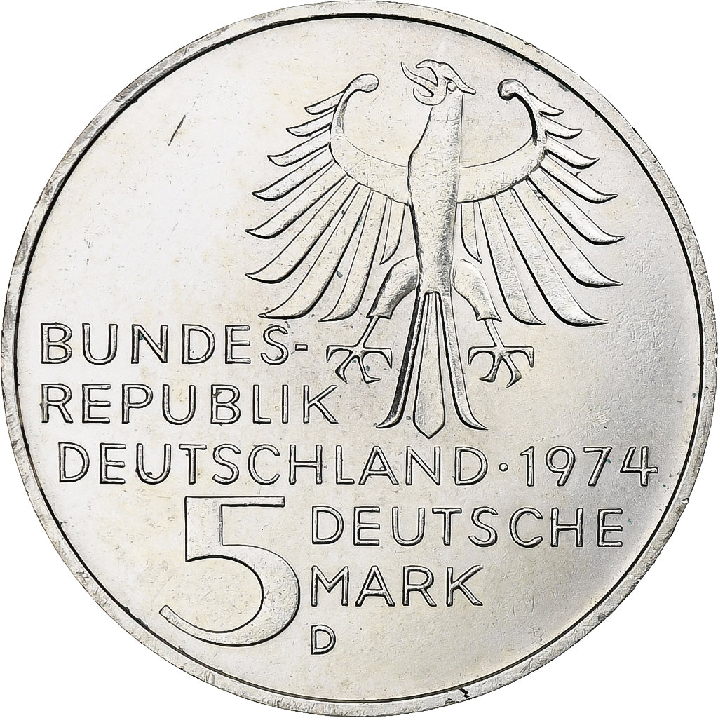 GERMANIA - REPUBBLICA FEDERALE, 5 Mark, 1974, Munich, SPL, Argento, KM 139