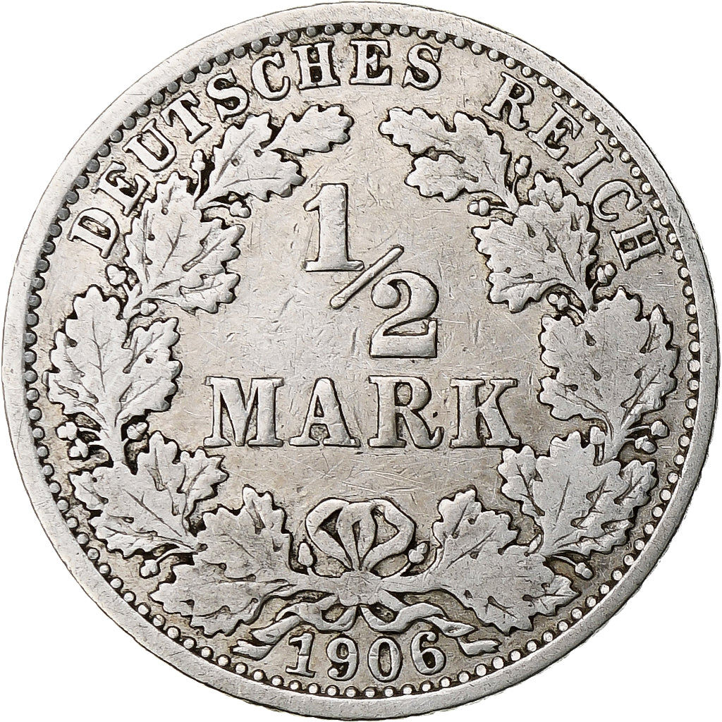 Coin, GERMANY - EMPIRE, 1/2 Mark, 1906, Berlin, EF(40-45), Silver, KM:17