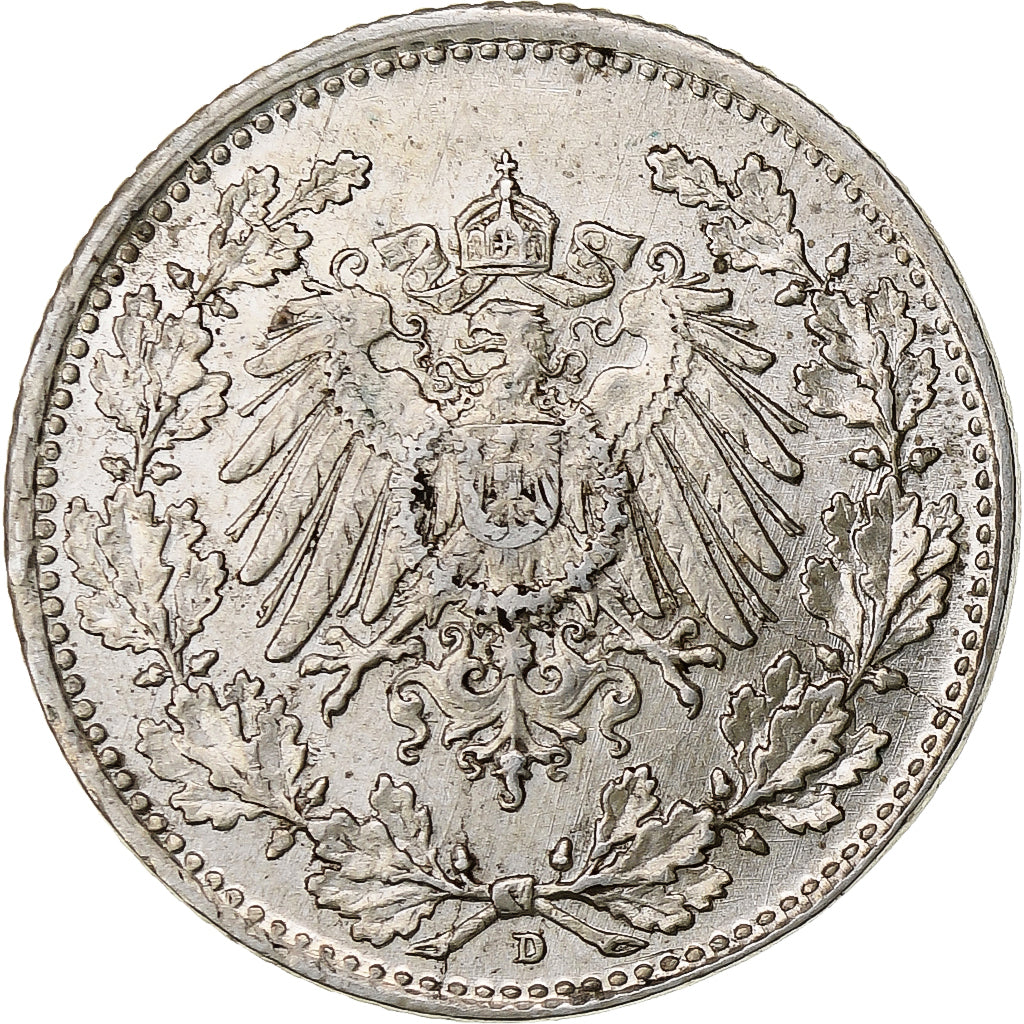 GERMANY - EMPIRE, 1/2 Mark, 1917, Munich, Silver, AU(55-58), KM:17